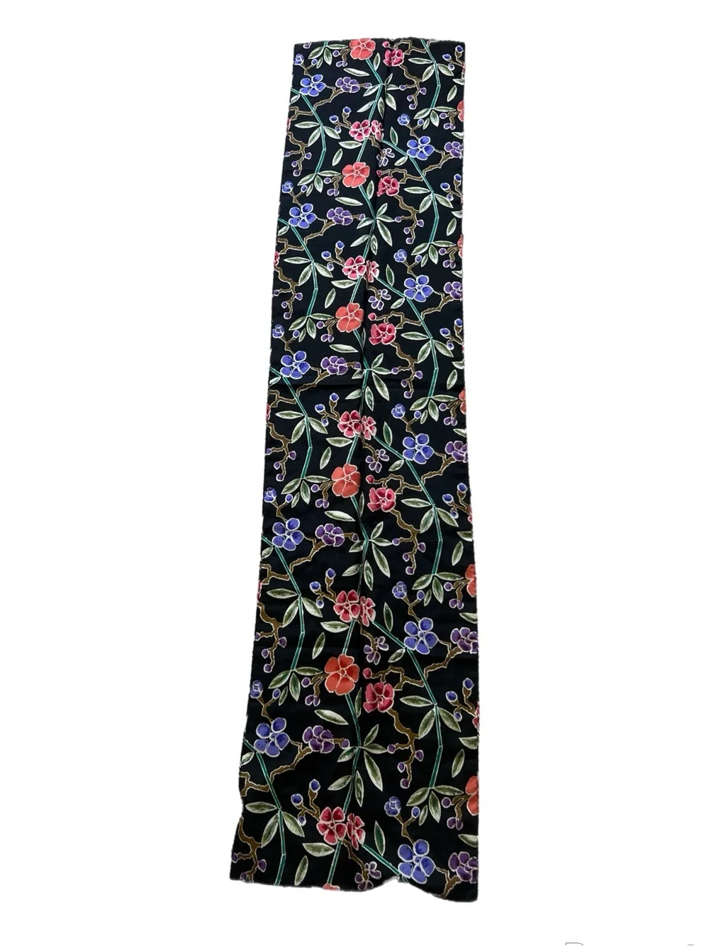 VTG Japanese Batik Floral Silk Long Scarf Black Cherry Blossom Vine Long 60